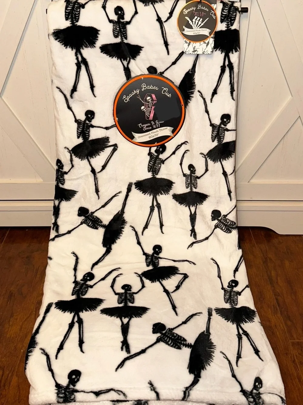 Skeleton Ballerina Plush Throw Blanket in White and Black